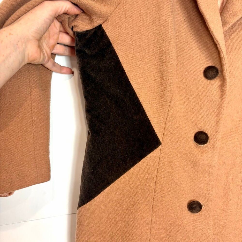 Vintage Urban Wool Blazer Womens 14 Tan Brown Merino l Velvet Trim Button Front - Picture 6 of 13
